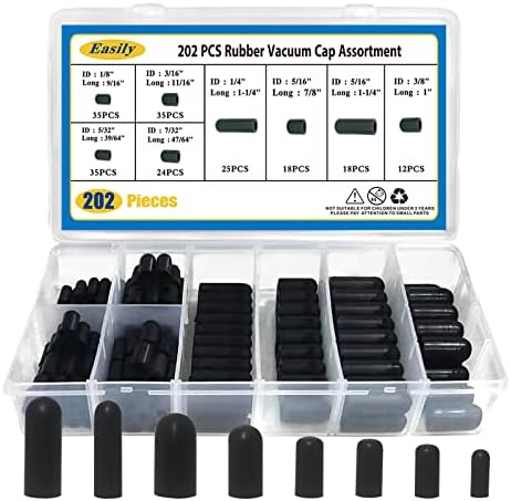 Vacuum Caps Rubber Plug Kit - 202 PCS 8 Size Assorted Vacuum Plugs Hose End Caps Assortment Kit for Carburetor, Manifold, Automotive 3/16'' 5/16" 7/32" 1/4" 5/32'' 3/8'' 1/8'' Easily