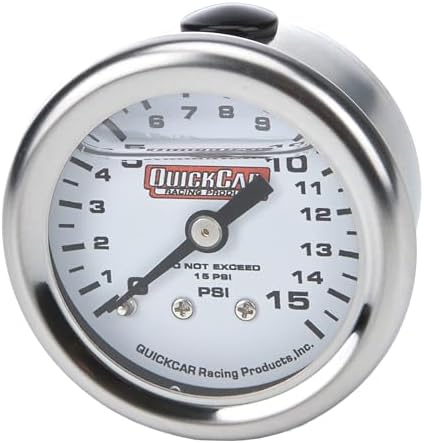 QUICKCAR RACING PRODUCTS Fuel Pressure Gauge, Mini, 0-15 psi, Mechanical, Analog, Liquid Filled, 1-1/2 in Diameter, White Face, Each QuickCar Racing Products