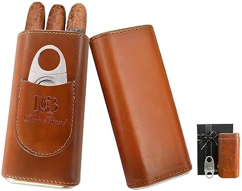 Cigar Case- Cedar Wood Lined Cigar Holder with Stainless Steel Cutter- Brown PU Leather Cigar Case-Travel Cigar Humidor Case- Premium Quality Cigar Accessories Daily Brand