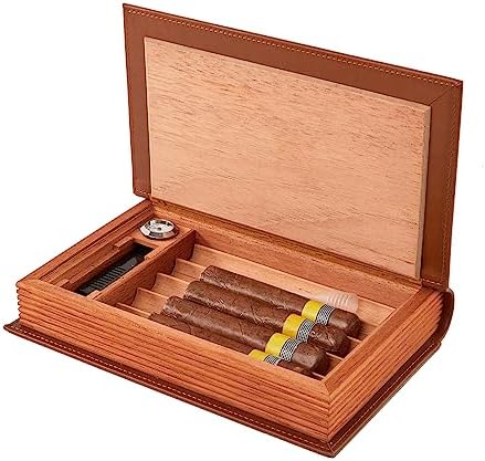 Cigar Humidors,Book Portable Humidor Cigar Case for Travel and Men's Presents, Cedar Wood Brown Leather Cigar Accessories Wanther