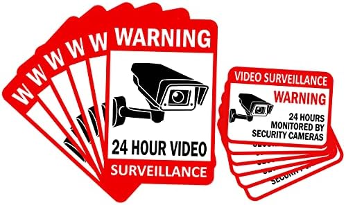 12-Pack Video Surveillance Sign (6-pack 6"x4" & 6-pack 3.5"x2.5"), Double-Sided Vinyl Decals for No Trespassing-Warning Sticker-Security Sign-Surveillance Camera-Recording Sign, Laminated for UV-Water Clever Signs