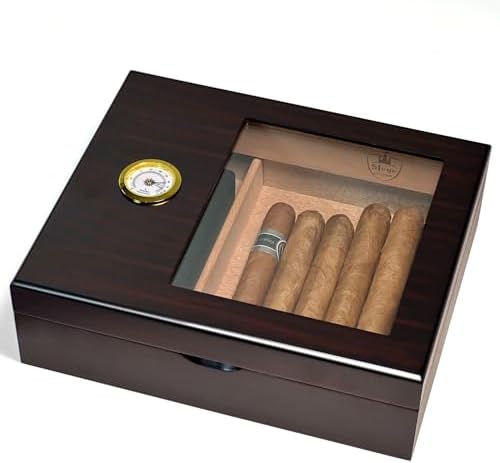 Slege Cigar Humidor, Humidor Cigar Box for Cuban Cigars,Glass-Top Humidor Spanish Cedar-Cigar Case,Humidor Cigar Humidifier,Divider,Hygrometer,Cigar Accessories(10-30 Cigars) Man's Gift Slege