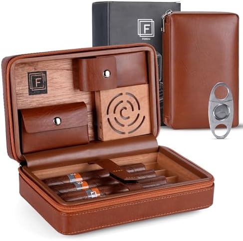 Leather Travel Humidor - Portable Humidor Cigar Box with Cigar Cutter & Liquid Dropper - Cedarwood Interior Finish - Storage Case with 2 Pockets for your Accessories, Humidifier, Zipper Closure Forgu