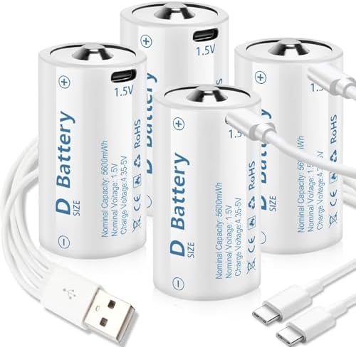 Литиевые аккумуляторы D, 4 штуки, 5600 мВт·ч, быстрая зарядка USB-C Generic