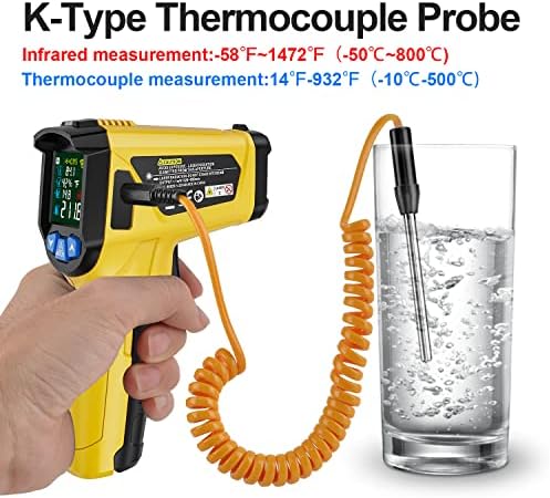 MESTEK Infrared Thermometer Temperature Gun, -58℉~1472℉, Non-Contact Digital Laser Thermometetr Gun with K-Probe for Cooking Grill Pizza Oven, IR Thermometer Temp Gun with Adjustable Emissivity Mestek