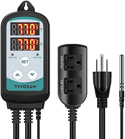 VIVOSUN 1500W Digital Temperature Controller, 2-Stage Outlet Thermostat Heating and Cooling Mode, Thermostat with Dual LED Display, for Homebrew Fermenter Greenhouse Terrarium, 110-240V 15A 1500W Vivosun