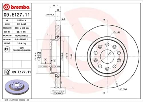 Вентилируемый передний тормозной диск UV для JEEP - 09.E127.11, OE# 68250085AA Brembo