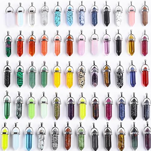 60Pcs Hexagonal Chakra Crystal Pendant Bulk Healing Natural Bullet Crystal Gemstone Necklace Pendant Set Quartz Wands Stones for Women Girls Gift DIY Craft FORBY