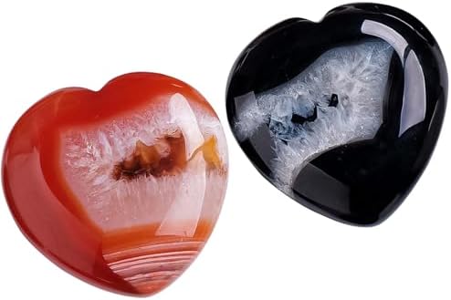 Runyangshi 2pcs Natural Crystal Agate Heart Shaped Thumb Pocket Stone Relieve Stress Anxiety Worry Reiki Healing Crystal Stone Cute Crystal Decoration Home Decor Gift (Red Agate + Black Agate) Runyangshi