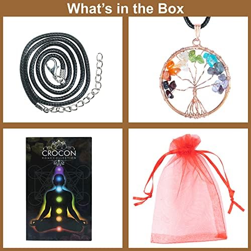 Chakra Tree of Life Pendant Natural Healing Crystal Quartz Pendant Necklace Wire Wrap Amulet Necklace Seven Chakra Gemstone for Women Men Unisex Yoga Meditation Jewelry Gifts birthday Gifts for Women her him Crocon