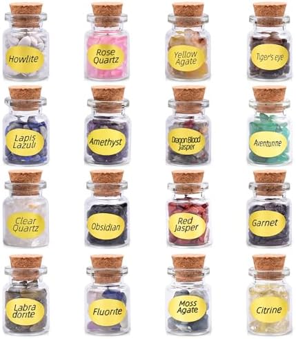 16-Piece Healing Crystal Stone Jars Set Mini Glass Bottles - Premium Assortment of Gemstones for Reiki, Meditation, Crafts, and Decoration, A SigMntun