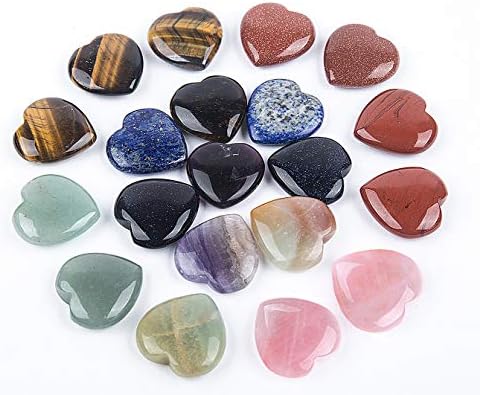 JIC Gem 20 pcs Mixed Crystal Heart Stones Heart Shape Chakra Stones 30mm Reiki Balancing Hand Carved Polished Palm Worry Stone Gift Jewelry Making and Collection JIC Gem