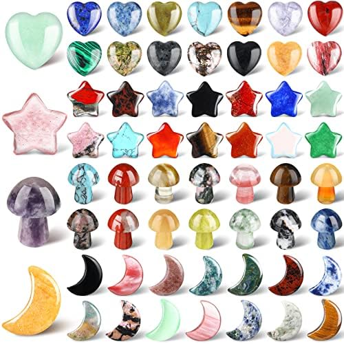 60 Pieces Crystal Mushroom Sculpture Heart Shaped Crystals Moon Crystal Star Crystal Stones Bulks Worry Stones Assorted Hand Making Palm Thumb Gemstones for Witchcraft Meditation Reiki (Classic Style) Nuenen