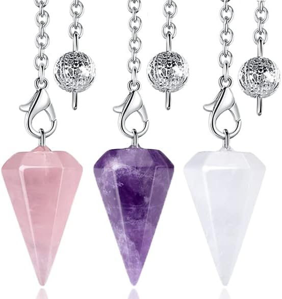 DUQGUHO 3 Pcs Crystal Pendulums Set for Divination Dowsing Natural Amethyst Rose Quartz Clear Quartz Healing Crystal Quartz Reiki Gemstone Pendants Witchcraft Wiccan Accessories DUQGUHO