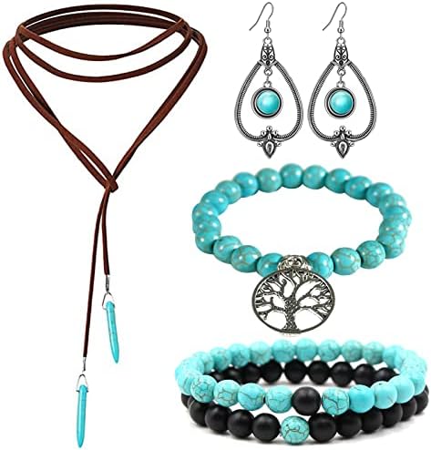 Hand Braided Rope Beades Turquoise Wrap Bracelet, Vintage Exaggerated Turquoise Ring and Turquoise Necklace and Dangle Hook Earrings Earring, Jewelry Gift for Women Girls Soulnioi