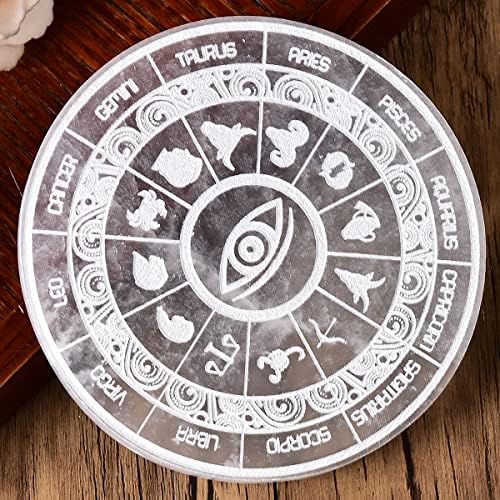 JIC Gem Round Etched Selenite Charging Plate 12 Star Engraved Selenite Slab Healing Crystal Charging Station 4 Inch JIC Gem