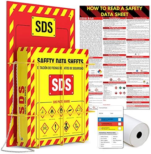 MSDS Wall Station - 3 Inch 3 Ring Material Safety Data Sheet Binder with SDS Wire Rack and Display Sign, Chain, Mounting Hardware, SDS Poster, MSDS Labels - Bilingual Heavy Duty OSHA Yellow Binder Vivlly