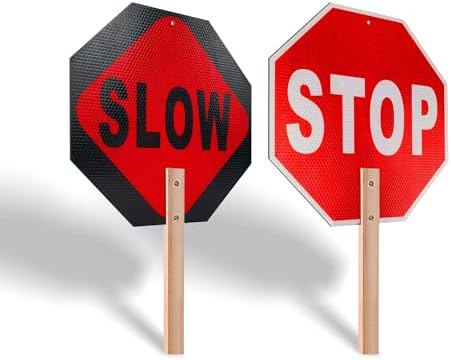 OLANZU Handheld Stop Slow Sign with Wooden Handle - 12" x 12" Double sided Crossing Guard Stop Sign - Honeycomb Reflective Road Sign,Aluminum Sign - Easy to Install Olanzu