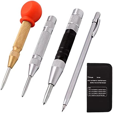 4 Pack 5 Inch and 6 Inch Automatic Center Punch Set, Adjustable Spring Loaded Center Punch and Metal Engraving Pen for Metal Wood Working with Tool Storage Bag Tlimus