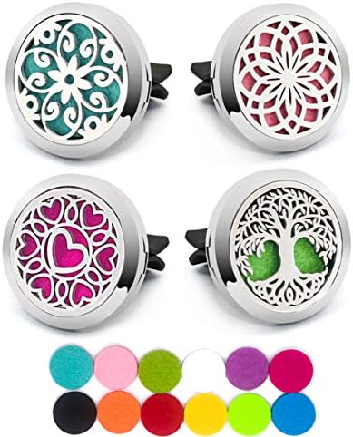 Car Diffuser Vent Clip, 4 Packs Aromatherapy Essential Oil Car Diffuser Vent Clips Magnetic Locket Scent Diffuser with 48 Refill Pads (3 Flowers and Tree) Nadiho