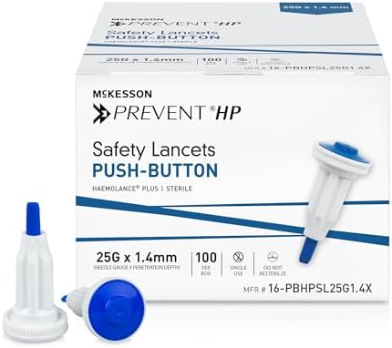 McKesson Prevent HP Safety Lancet, Retractable, Pressure-Activated Finger Device, Sterile - Ideal for Blood Testing - Single Use, 25 Gauge, 1.4 mm Depth, 100 Count, 1 Pack Mckesson