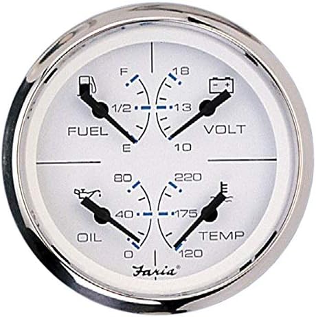 Faria Beede 33851 Chesapeake Stainless Steel Multifunction Fuel Level/Oil PSI (80 PSI)/Water Temp (100-250°F)/Voltmeter (10-16 VDC) - 4', White Faria