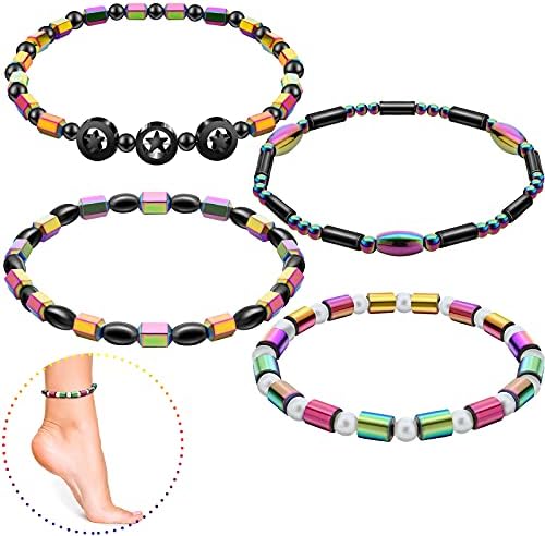 Junkin 4 Pieces Magnetic Hematite Anklets Bracelet Energy Anklets for Women Men Adjustable Magnetic Slim Hematite Pain Anxiety Relief Anti Swelling Anklets Junkin