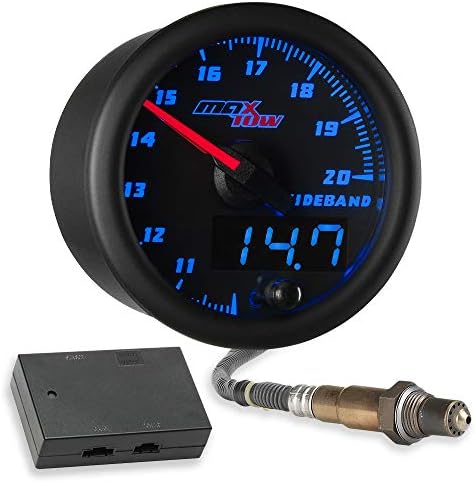 MaxTow Double Vision Wideband Air/Fuel Ratio AFR Gauge Kit - Includes Oxygen Sensor, Data Logging Output & Weld-in Bung - Black Gauge Face - Blue LED Dial - Analog & Digital Readouts - 2-1/16" 52mm MaxTow