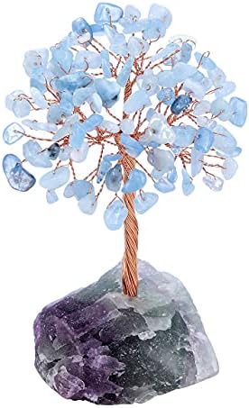 Top Plaza Aquamarine Crystals Tree Healing Crystal Stones Wrapped on Natural Raw Fluorite Stone Base Copper Money Tree Decor Home Indoor Desk Bedroom Decoration Mini Sized Top Plaza