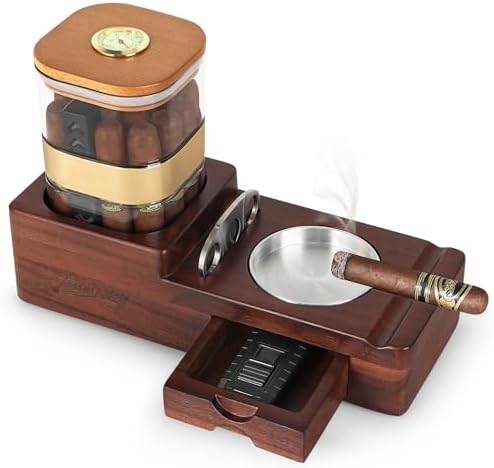 Cigar Humidor and Cigar Ashtray Set, Wooden Cigar Ash Tray with Cigar Accessories Drawer, Cigar Cutter, Cigar Jar Tray, Humidor Cigar Box with Hygrometer and Humidifier, Cigar Gifts for Men Tesonway