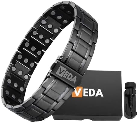 3X Strength Titanium Magnetic Bracelet – Magnetic Bracelets for Men – Premium Fold-Over Clasp & Adjustable Length with Sizing Tool (Black) Veda