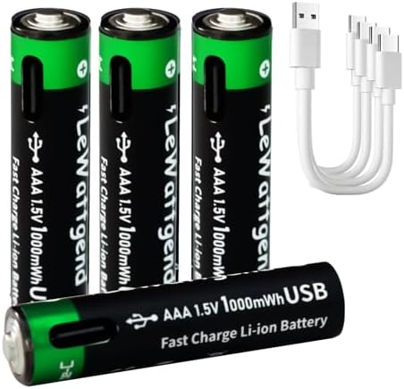 AAA Rechargeable Battery 4-Pack AAA Lithium Ion Batteries 1000mWh High Capacity High Output Fast Charge Li-ion Battery with 4-in-1 USB C Cable for Remote Control Toys Keyboards Wireless Mice LeWattgend