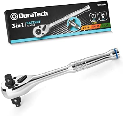 DURATECH 3-IN-1 Ratchet Handle, 1/4 ", 3/8 ", 1/2" Drive Ratchet Wrench, 72-Tooth, Reversible Switch, Full-Polished Chrome Plating, Alloy Steel Duratech