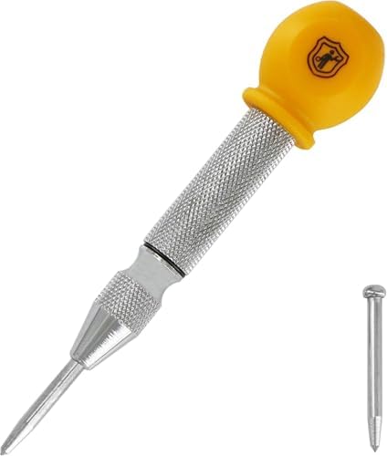 MulWark 5" Spring-Loaded Automatic Steel Center Hole Punch Marker Scriber For Wood, Metal, Plastic, Car Window Puncher Breaker Tool-With Palm Cushion Cap, Adjustable Impact-A Replacement Tip Included Mulwark