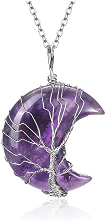 PESOENTH 7 Chakra Necklace Healing Crystal Life Tree Wire Wrapped Moon Shape Pendant Necklace Reiki Spirtual Crystals Quartz Crescent Moon Pendant for Women Men Jewelry Gift PESOENTH