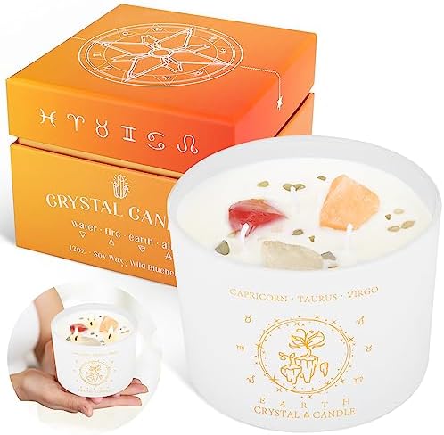 Healing Crystal Candle - Crystals and Healing Stones Manifestation Candle - Spiritual Gifts for Women - Meditation Healing Candle - 12 Oz Capricorn, Taurus, Virgo Zodiac Candles with Crystals Inside HOOMUU