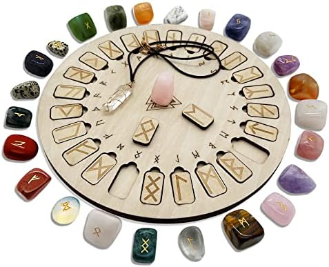 Rune Stone Set, Wooden Disc with Eternal Life Inscription and Mixed Color Crystal Rune Set for Meditation and Witchcraft Healing, Chakra Balancing for Beginners (Mixed Color Rune Set) YOOKER