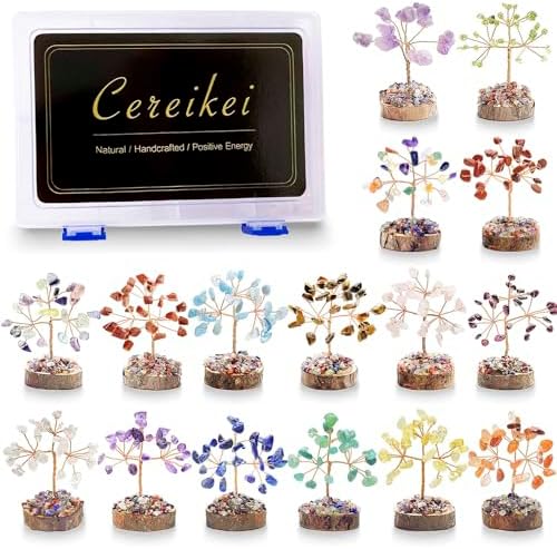 7 Chakra Healing Crystal Tree of Life, Set of 16 Handcrafted Crystals and Healing Stones Trees Collection, Home and Office Feng Shui Decor, Real Natural Crystal Tree Set with Info Guide Cereikei