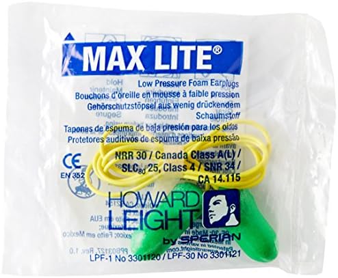 Howard Leight LPF30 Max Lite Corded Earplugs, Green, Pack of 100 Pairs R3 Safety