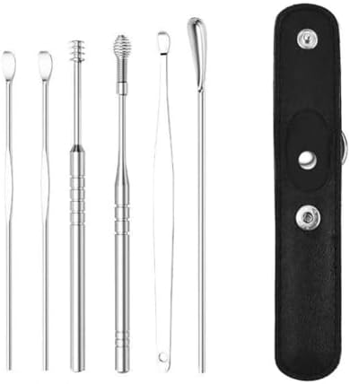 Earwax Cleaner Tool Set, Ear Pick Cleaning Set Spiral Tool Spoon Ear Wax Remover 6PCS, Ear Wax Removal Kit for Adults Easy to Use, Reusable Ear Cleaner for Adults,Black, Silver CTFRQC