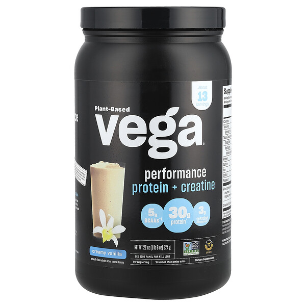 Plant-Based Performance Protein + Creatine, Creamy Vanilla, 1 lb (Фунты) 6 oz (Унции) (624 g) Vega