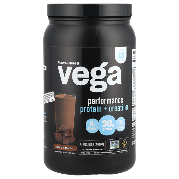 Plant Based Performance Protein + Creatine, Creamy Chocolate, 1 lb (Фунты) 7.4 oz (Унции) (663 g) Vega