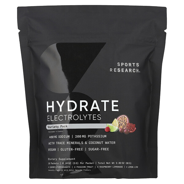 Hydrate Electrolytes, Variety Pack, 16 Packets (Пакеты ), 0.18 oz (Унции) (5 g) Each Sports Research