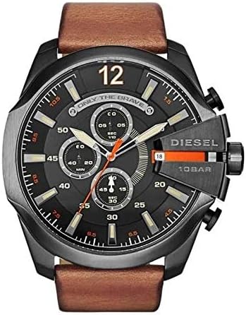 Diesel Mega Chief Stainless Steel and Leather Chronograph Men's Watch, Color: Gunmetal, Brown (Model: DZ4343) Diesel