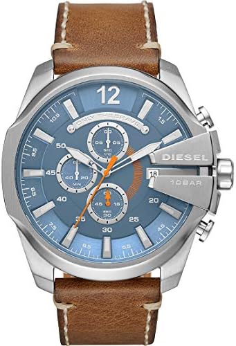 Diesel Mega Chief Stainless Steel and Leather Chronograph Men's Watch, Color: Silver, Brown (Model: DZ4458) Diesel