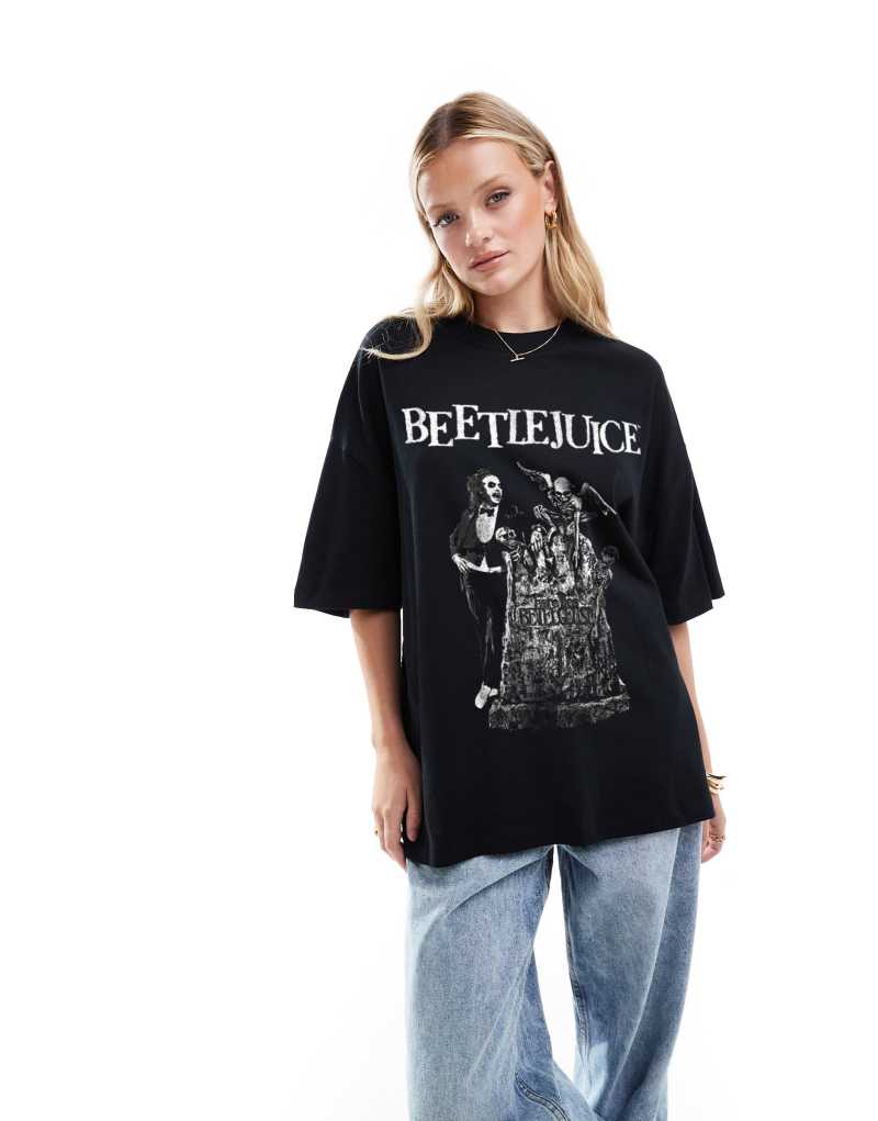 Женская Футболка ASOS DESIGN Oversized с графикой Beetlejuice в черном цвете ASOS DESIGN