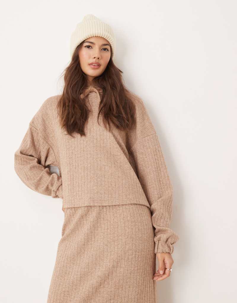 Женская Пижама ASOS DESIGN Lounge Mix & Match Wide Rib Knit Hoodie в коричневом цвете ASOS DESIGN