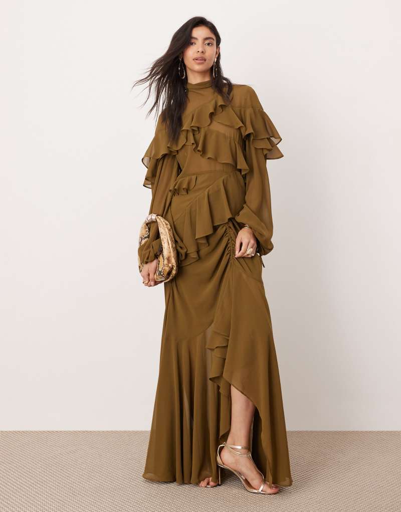 Женское Платье ASOS EDITION Chiffon Ruffle Asymmetric Maxi в темно-оливковом цвете ASOS EDITION