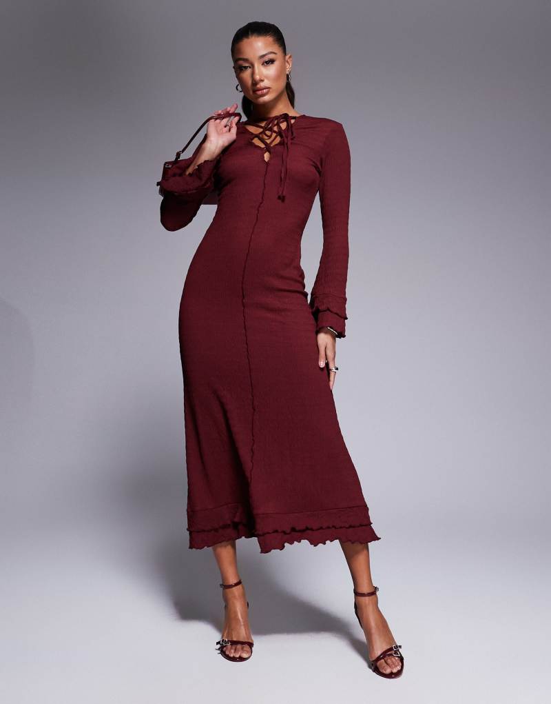 Женское Платье ASOS DESIGN crinkle long sleeve ruffle maxi dress in burgundy ASOS DESIGN