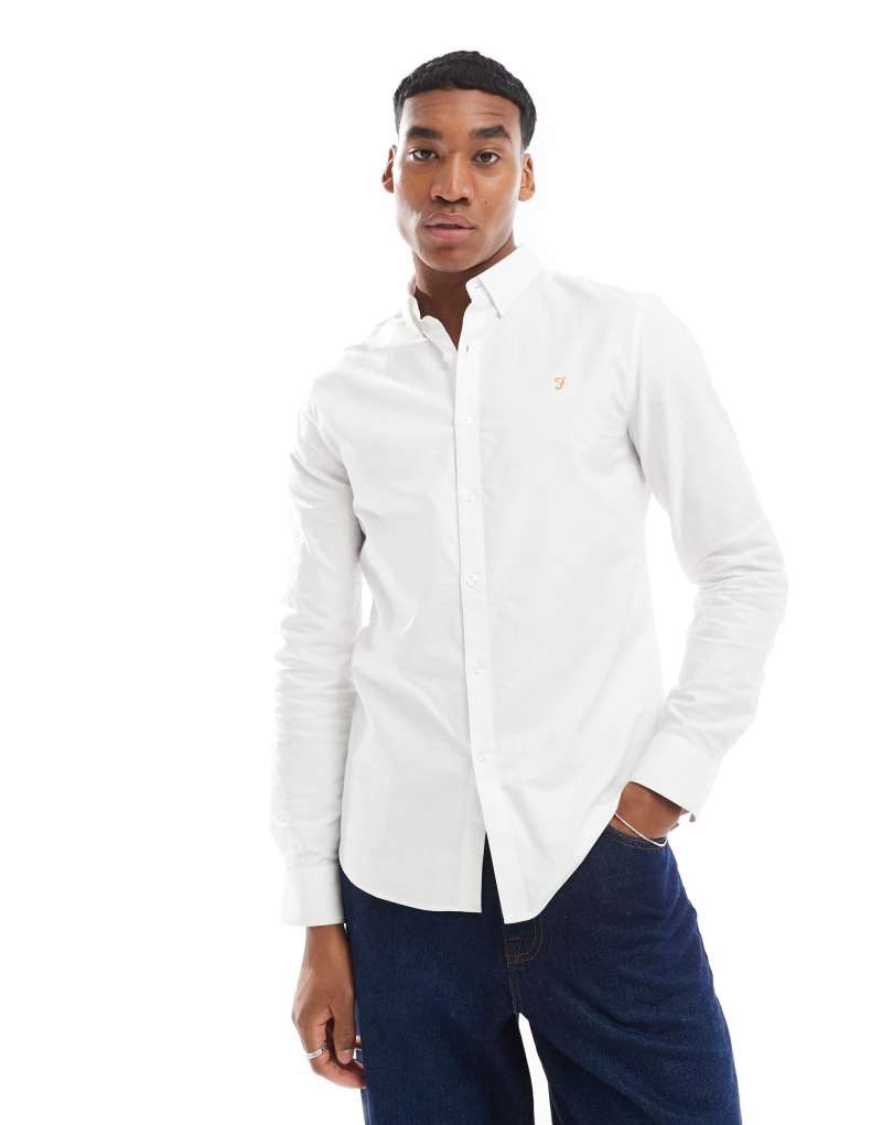 Farah Brewer slim fit long sleeve oxford shirt in white  Farah